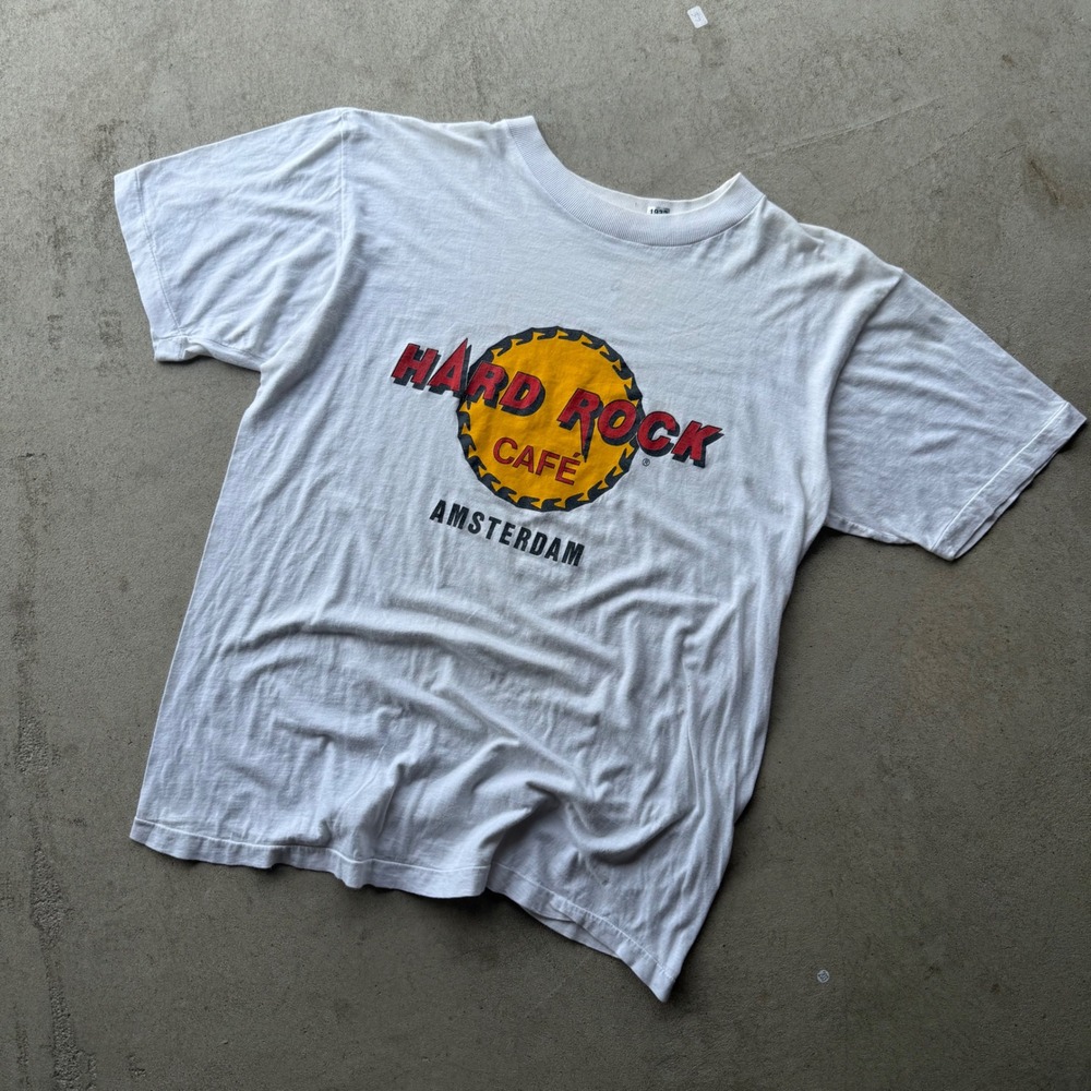 90s Mens Hard Rock Cafe Amsterdam Graphic T-Shirt Vintage White Large